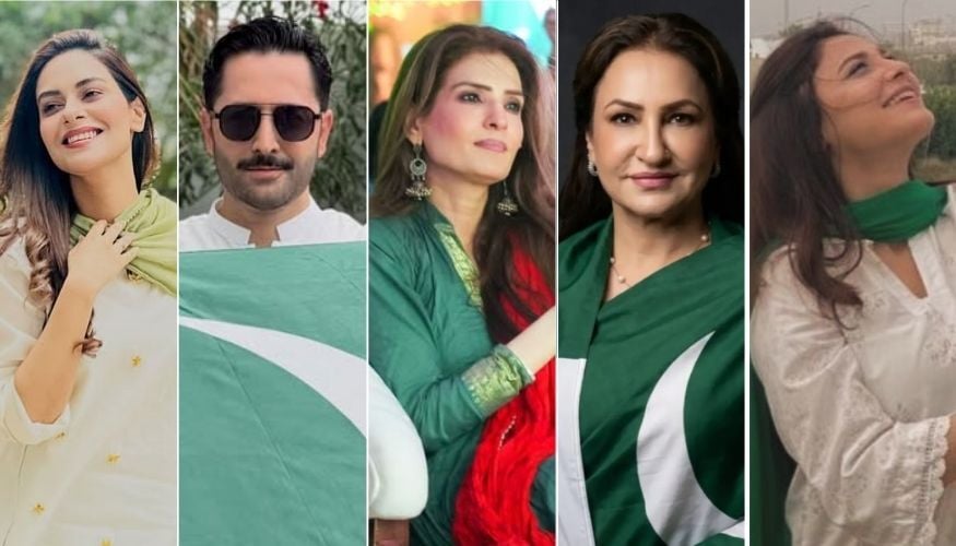 (From left to right) Amar Khan, Danish Taimoor, Resham, Saba Faisal, Hina Altaf celebrate Independence Day. — Instagram