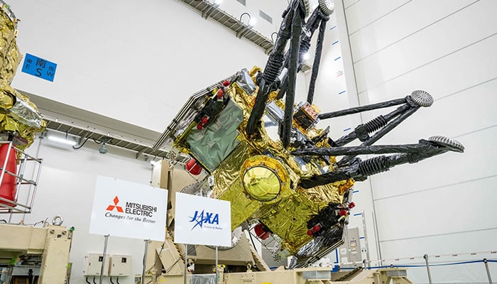 Exploration and Return Modules, making up the Martian Moons eXploration (MMX) spacecraft, are pictured at the Tanegashima Space Center in Minamitane, Kagoshima prefecture on August 13, 2026. — AFP