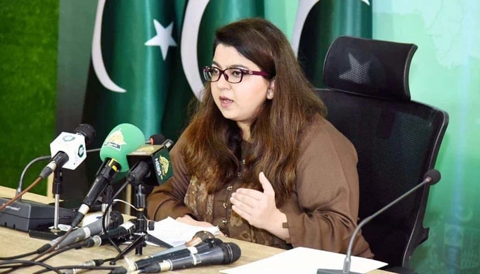 Federal Minister for IT and Telecommunications Shaza Fatima Khawaja addressing a press conference on August 18, 2024. — APP