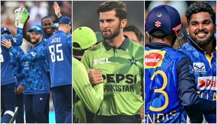 This collage shows players of Pakistan, England and Sri Lanka. — ECB/AFP