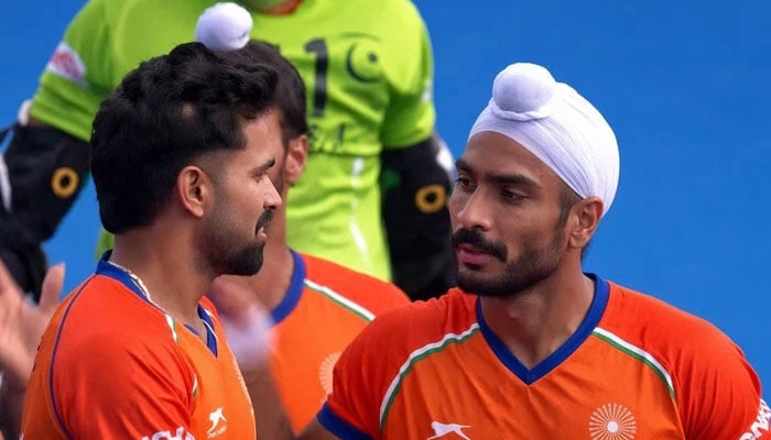 Indias Abhishek (left) celebrates scoring their fourth goal during the FIH Hockey World Cup match against Pakistan at the Wagener Stadium in Amstelveen on August 19, 2026. — Screengrab