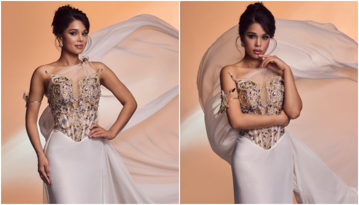 Miss Universe Pakistan Mishab Arshad poses for an image in a white embellished gown for the pageant. — Instagram/@Misbah Arshad