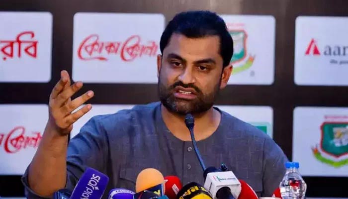 BCB President Tamim Iqbal speaks during a press conference at the Sher-e-Bangla National Cricket Stadium in Mirpur on August 20, 2026. — BCB