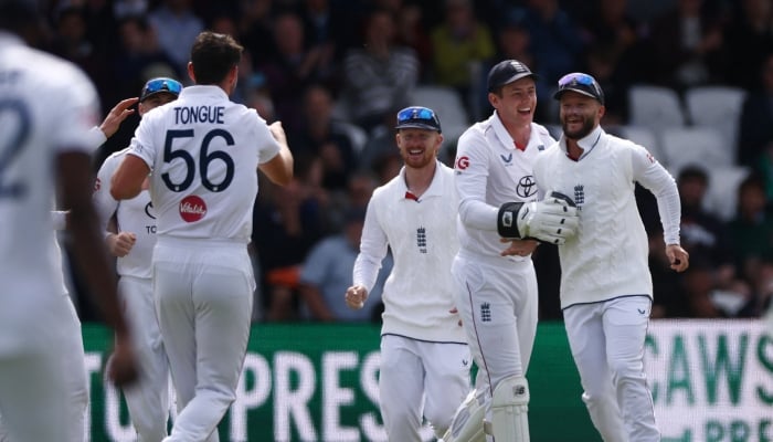 England players celebrate after taking a wicket during the first Test between Pakistan and England at Headingley in Leeds on August 21, 2026. — Reuters