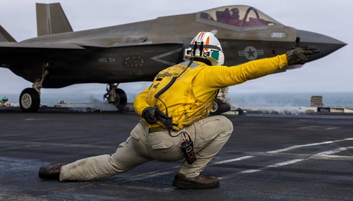 A US sailor launches an F-35C Lightning II, assigned to Marine Fighter Attack Squadron 314, from the flight deck of Nimitz-class aircraft carrier USS Abraham Lincoln during the ongoing conflict with Iran, August 5, 2026. — Reuters