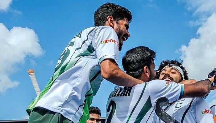 Pakistan players celebrate winning their FIH Hockey World Cup classification match against Japan at the Wagener Stadium in Amstelveen on August 22, 2026. — Facebook/@Fihockey