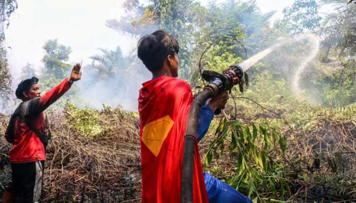 Indonesian student Rudiansyahs striking costume has drawn attention to the countrys struggle to contain devastating wildfires. — AFP