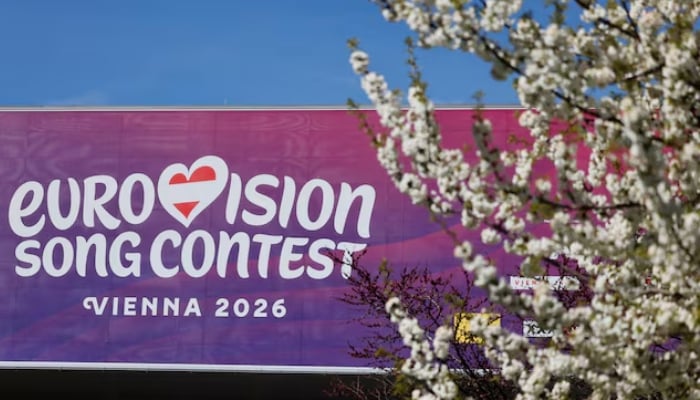 The Eurovision Song Contest 2026 logo, on the day of a press conference in front of the Stadthalle, in Vienna, Austria, April 9, 2026. — Reuters