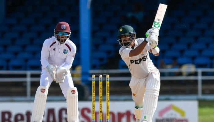 Pakistan captain Babar Azam plays shot during second Test against West Indies in Trinidad on August 3, 2026. — AFP