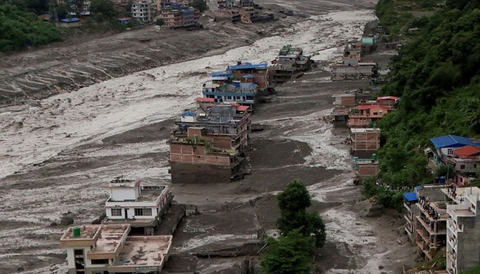 A drove view of mud covered properties following a flash flood at Trishuli in Nuwakot district, Nepal, August 26, 2026. — Reuters