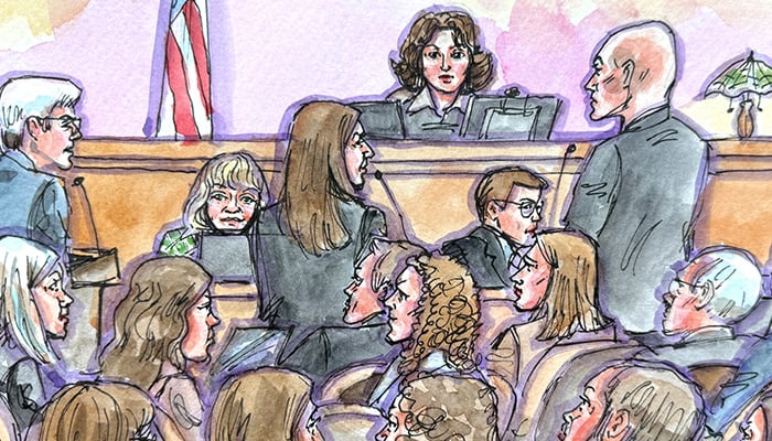 States attorneys and Meta lawyers speak with US District Judge Yvonne Gonzalez Rogers after Meta Platforms agreed to pay up to $18 billion over the next decade and strictly limit how teenagers use Facebook and Instagram under an agreement with nearly all US states to resolve claims it designed those social media platforms to addict children, in Oakland, California, US, August 26, 2026 in this courtroom sketch. — Reuters