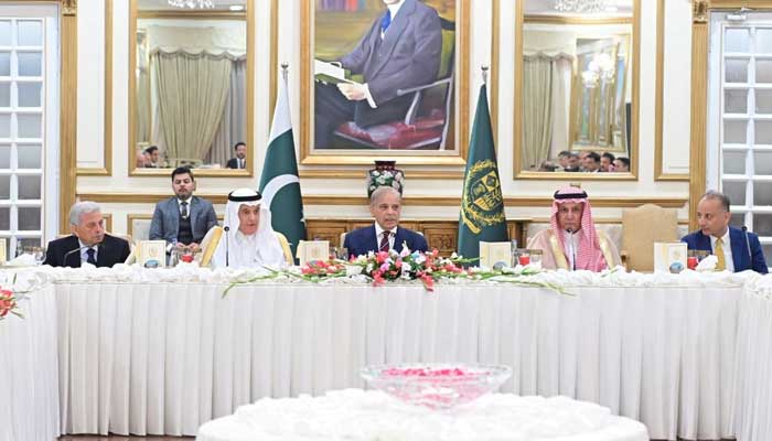Prime Minister Shehbaz Sharif (centre) hosts a reception for the Minister of Environment, Water and Agriculture of Kingdom of Saudi Arabia, Engineer Abdulrahman bin Abdulmohsen al-Fadley in Islamabad on August 28, 2026. — X@PakPMO