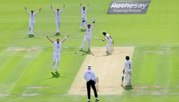 Englands Ollie Robinson celebrates the LBW wicket of Pakistans Mohammad Rizwan during second Test at Lords Cricket Ground, London, Britain, August 28, 2026. — Reuters