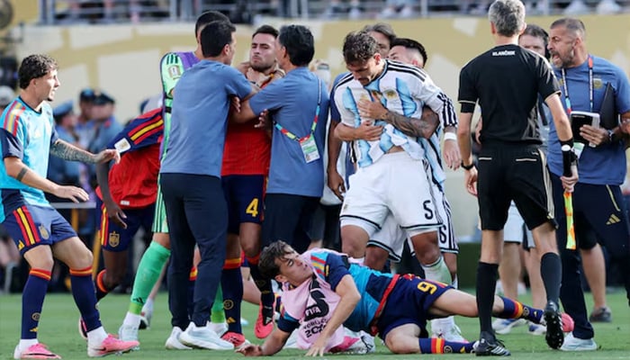 Argentinas Leandro Paredes clashes with Spains Gavi as players and coaching staff confront each other after the Fifa World Cup 2026 final at New York/New Jersey Stadium in East Rutherford, New Jersey, on July 19, 2026. — Reuters