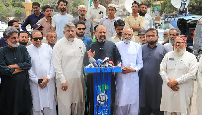 Jamaat-e-Islami Karachi chief Munim Zafar addresses the news conference at Regal Chowk, Saddar, in Karachi on September 3, 2026. — Facebook/@Khijamaat