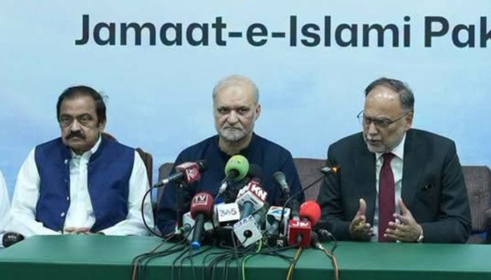 (From left to right) Prime Minister’s Adviser on Political Affairs Rana Sanaullah, JI Emir Hafiz Naeemur Rehman and Federal Minister for Planning Ahsan Iqbal addresses a joint press conference on September 3, 2026. — Facebook/ HafizNaeemRehman