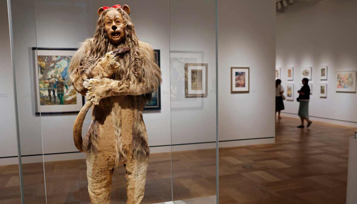 A costume for the Cowardly Lion from The Wizard of Oz is displayed at the new Lucas Museum of Narrative Art. — AFP