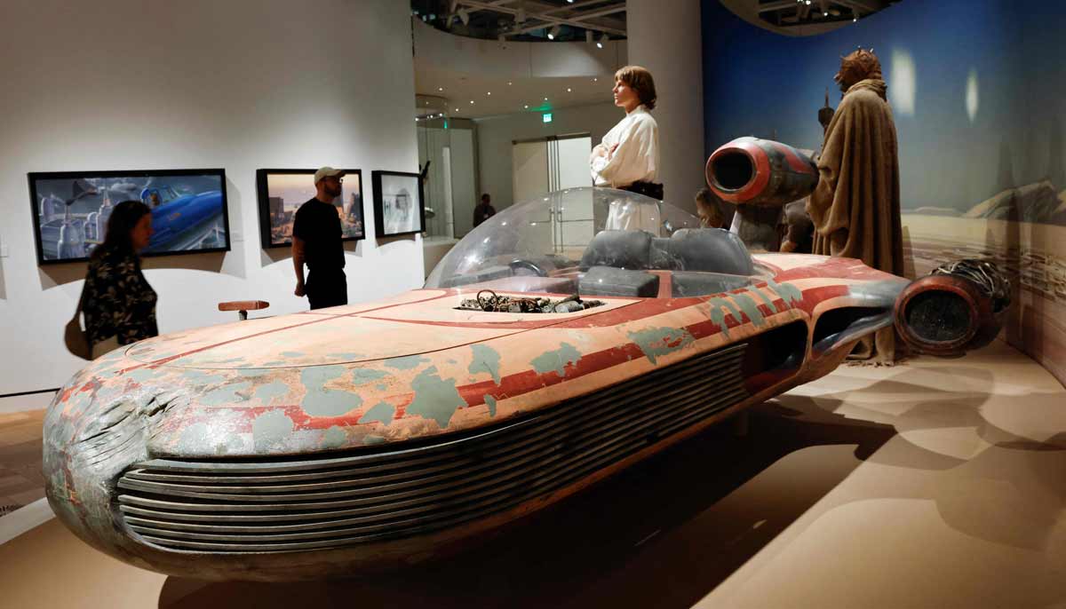 A Luke Skywalker landspeeder is displayed in the Star Wars in Motion exhibit at the new Lucas Museum of Narrative Art during a media preview of the 300,000 square foot structure on September 2, 2026 in Los Angeles, California.— AFP