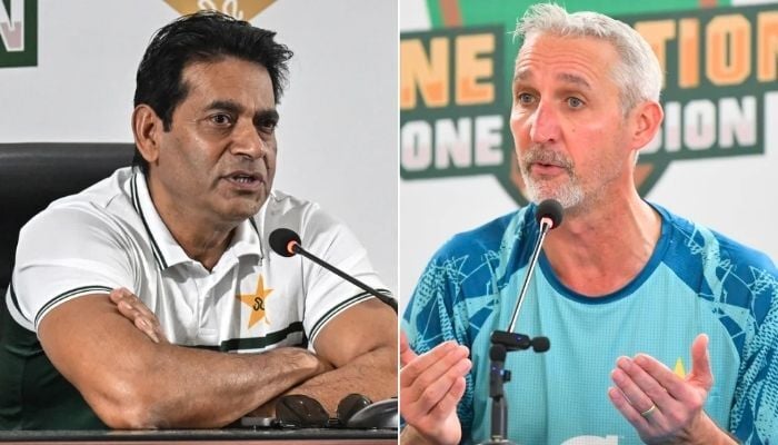 Chairman of selectors Aaqib Javed (left) and former coach Jason Gillespie speak to media. — AFP