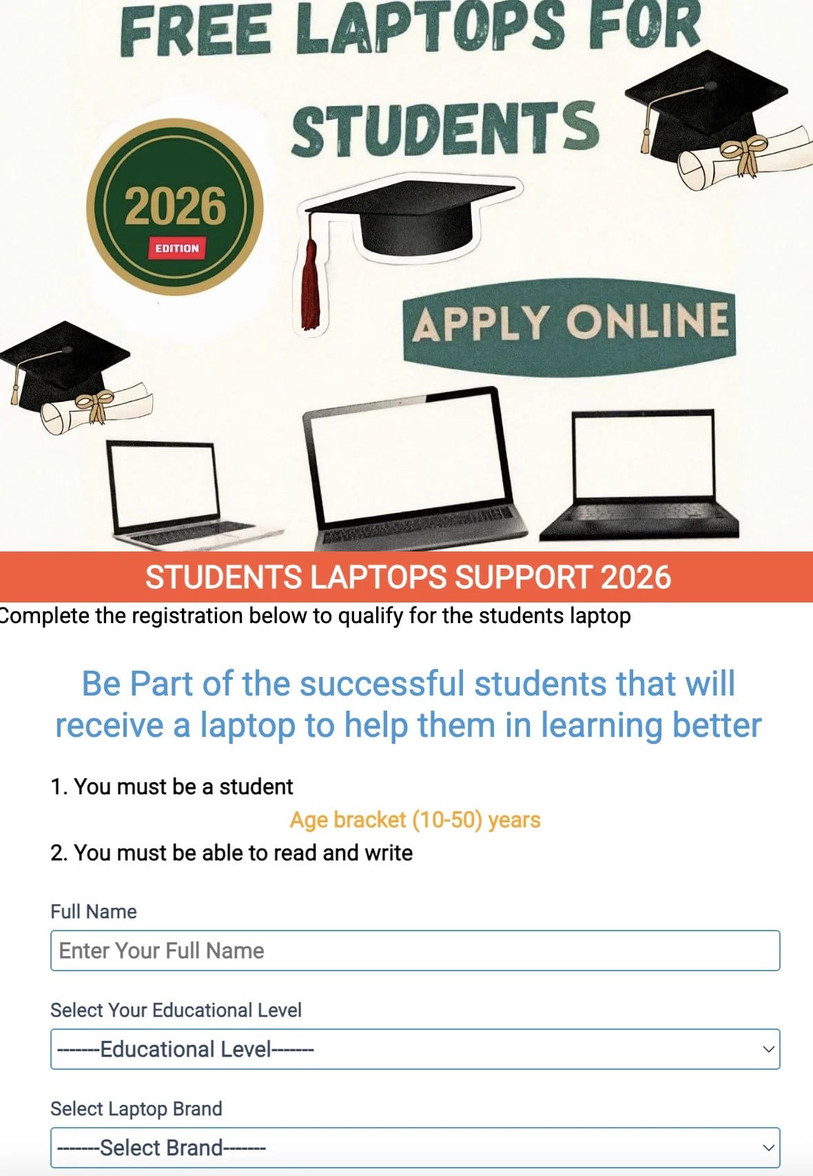 A screenshot of the webpage purportedly offering free laptops to students in Pakistan.