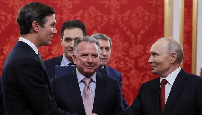 Russian President Vladimir Putin shakes hands with Jared Kushner, US President Donald Trumps son-in-law, as US Special Envoy Steve Witkoff stands nearby during a meeting at the Kremlin in Moscow, Russia, September 5, 2026.— Reuters