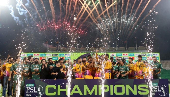 Peshawar Zalmi players celebrate with the trophy after defeating Hyderabad Kingsmen in the Pakistan Super League (PSL) 11 final at Gaddafi Stadium, Lahore, on May 3, 2026. — PSL