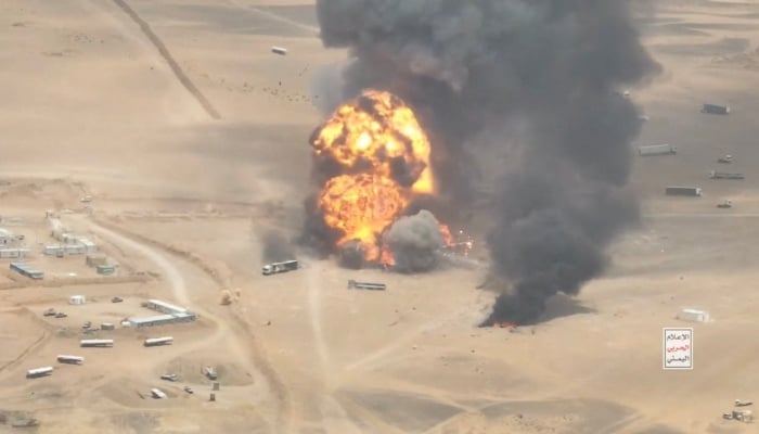 Trucks explode as they burn, during what the Houthis say was an attack targeting trucks coming from Saudi territory, at Al-Wadiah border crossing near Al-Wadiah, on the Saudi-Yemen border, in this still image obtained from a handout video released September 7, 2026. — Reuters