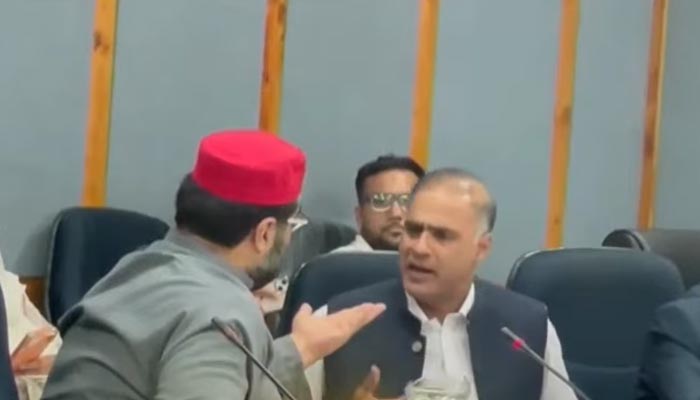 Pakistan Muslim League-Nawaz Senator Abid Sher Ali (left) and Awami National Party (ANP) Senator Aimal Wali Khan exchange words during Senate Standing Committee on Human Rights hearing, Parliament House, Islamabad, September 9, 2026. — Screengrab via YouTube/Geo News