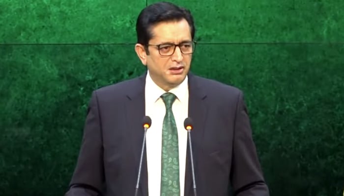 Foreign Office spokesperson Ambassador Sajjad Haider Khan addresses weekly briefing on September 10, 2026. — Screengrab via Geo News