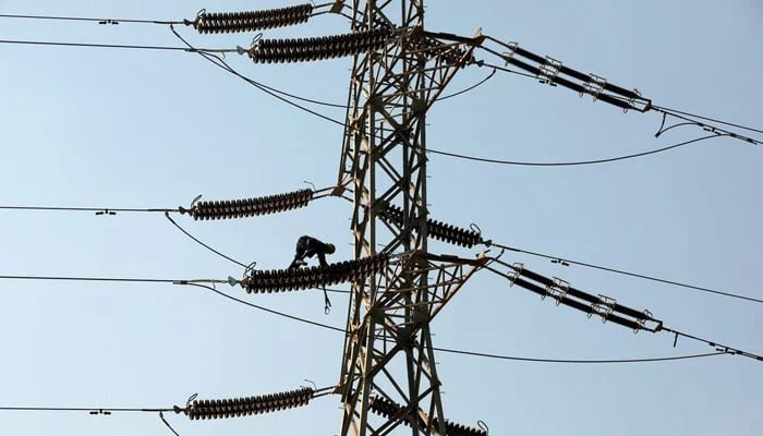 A technician works on porcelain insulators on power transmission tower in Karachi. — Reuters/File