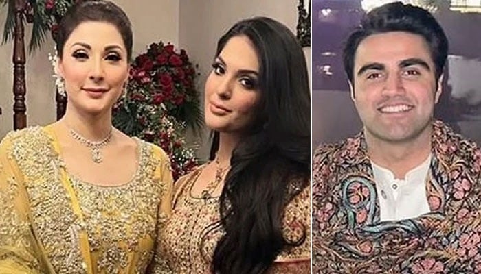 This collage of pictures shows Punjab Chief Minister Maryam Nawaz (left) posing for a photo with her daughter Mahnoor Safdar (centre) and Azan Jabbar. — Instagram/@divamagazinepakistan/Geo News/File