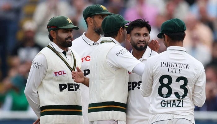 Pakistans Mohammad Imran (second from right) celebrates taking a wicket with teammates during the second day of their third Test against England at Edgbaston in Birmingham on September 10, 2026. — Reuters