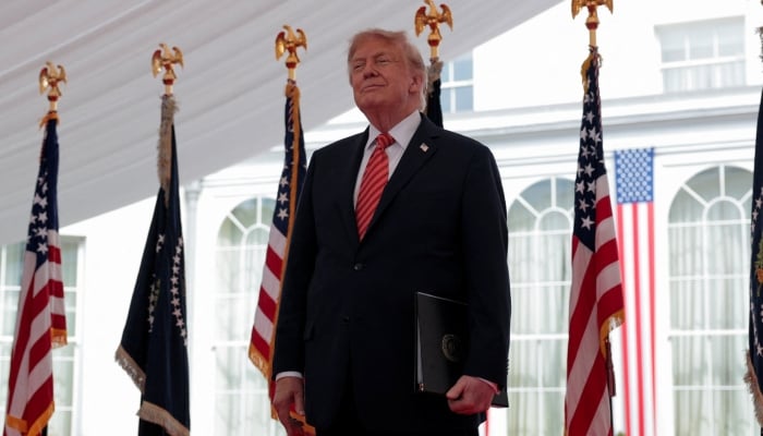 US President Donald Trump stands before delivering remarks to US embassy personnel and business leaders at Deerfield Residence, the residence of the US Ambassador to Ireland, in Dublin, Ireland, September 12, 2026. — Reuters