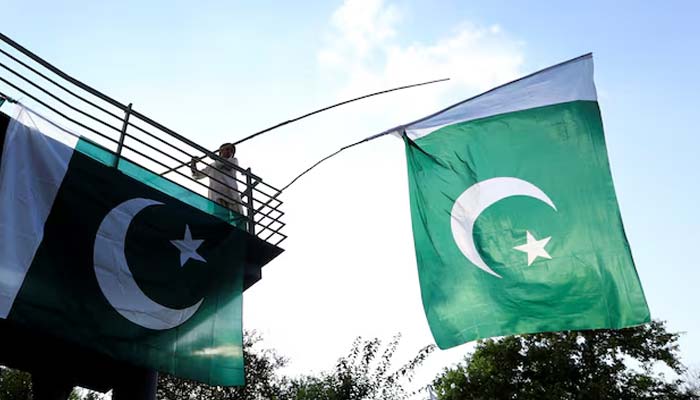 A boy uses a bamboo stick to adjust national flags at an overhead bridge ahead of Pakistans Independence Day, in Islamabad, Pakistan, August 10, 2018. — Reuters